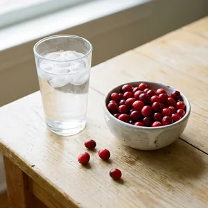 Glas Wasser und eine Schale mit Cranberrys
