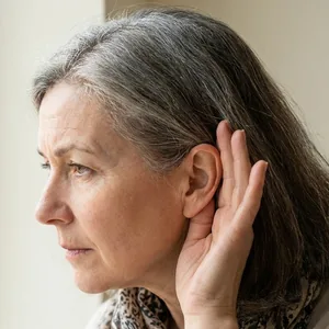 Frau hält die Hand hinter das Ohr und hört konzentriert zu