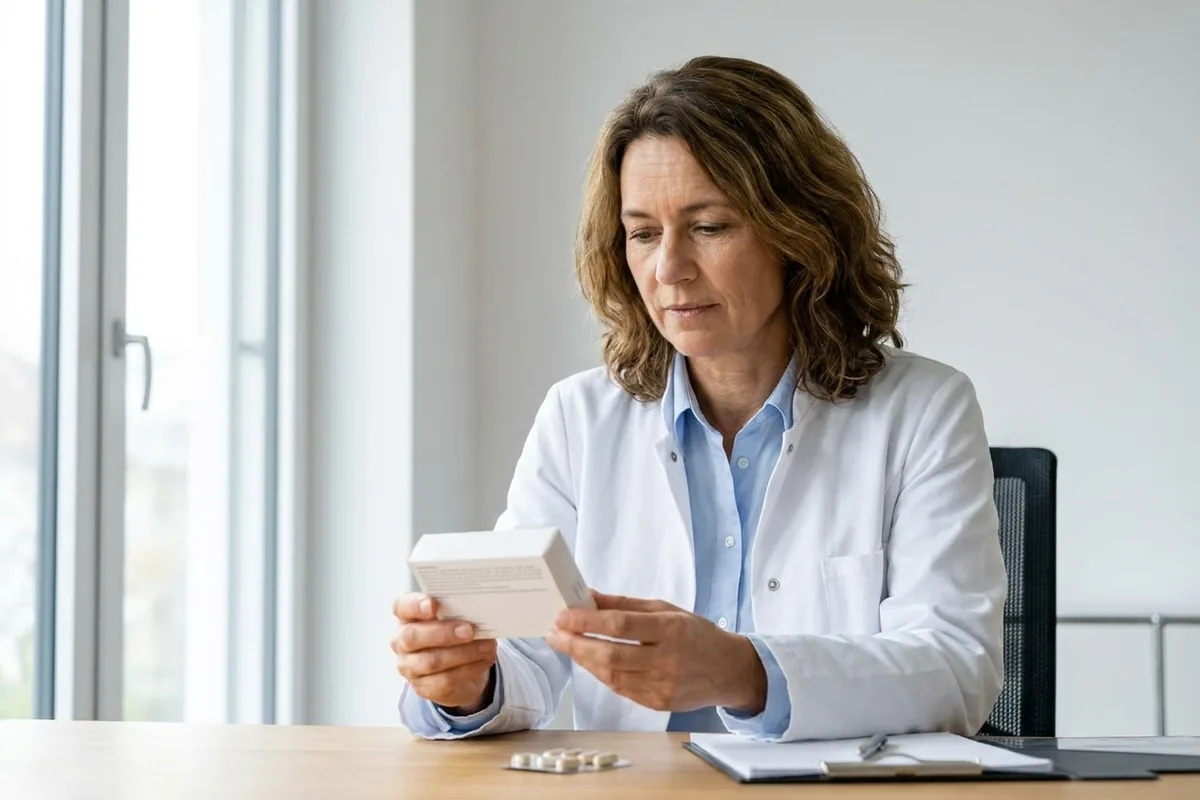 Dr. med. Katharina Weber prüft am Schreibtisch die Angaben auf einer Packung