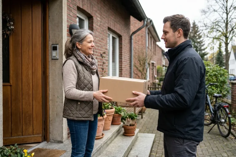 Paketzusteller übergibt einer Frau an der Haustür ein Paket